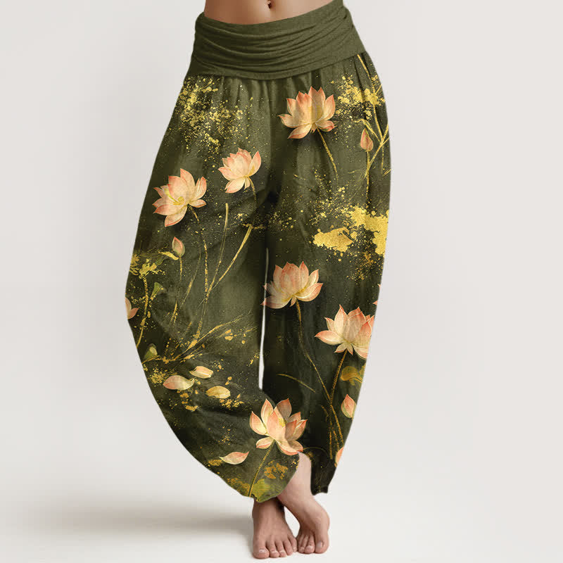 Buddha Stones Cotton Pink Lotus Gold Splash Pattern Women's Elastic Waist Harem Pants - OliveDrab - US16，UK/AU20，EU48 (3XL) - image 8