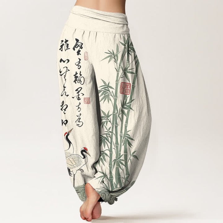 Buddha Stones Cotton Bamboo Calligraphy Crane Pattern Women's Elastic Waist Harem Pants - image 2
