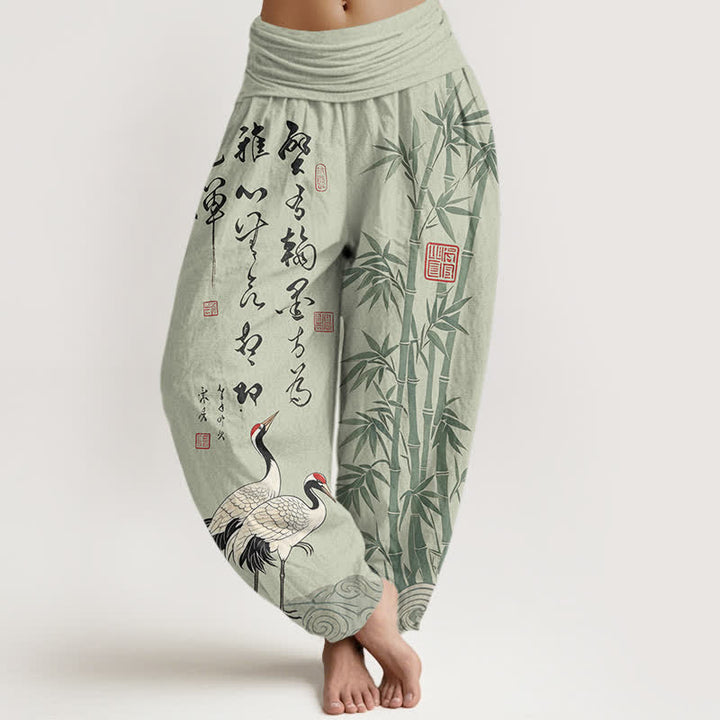 Buddha Stones Cotton Bamboo Calligraphy Crane Pattern Women's Elastic Waist Harem Pants - DarkSeaGreen - US16，UK/AU20，EU48 (3XL) - image 5