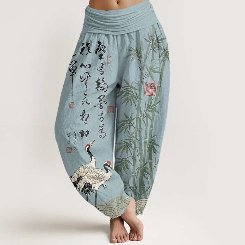 Buddha Stones Cotton Bamboo Calligraphy Crane Pattern Women's Elastic Waist Harem Pants - PowderBlue - US16，UK/AU20，EU48 (3XL) - image 8