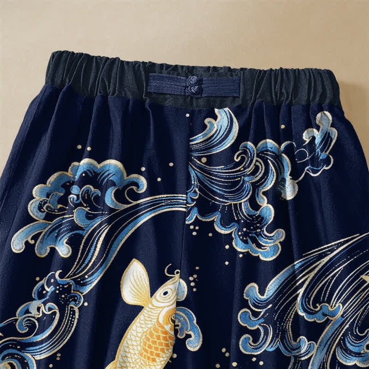 Buddha Stones Pure Cotton Vintage Koi Wave Pattern Frog Button Women's Elastic Waist Harem Pants With Pockets - image 2