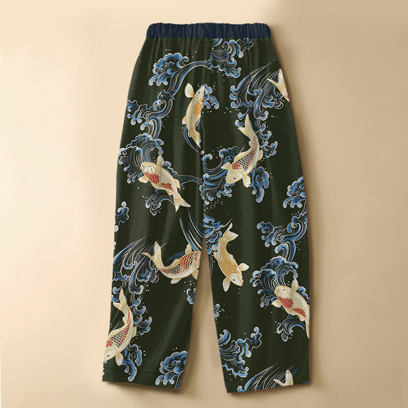 Buddha Stones Pure Cotton Vintage Koi Wave Pattern Frog Button Women's Elastic Waist Harem Pants With Pockets - image 6