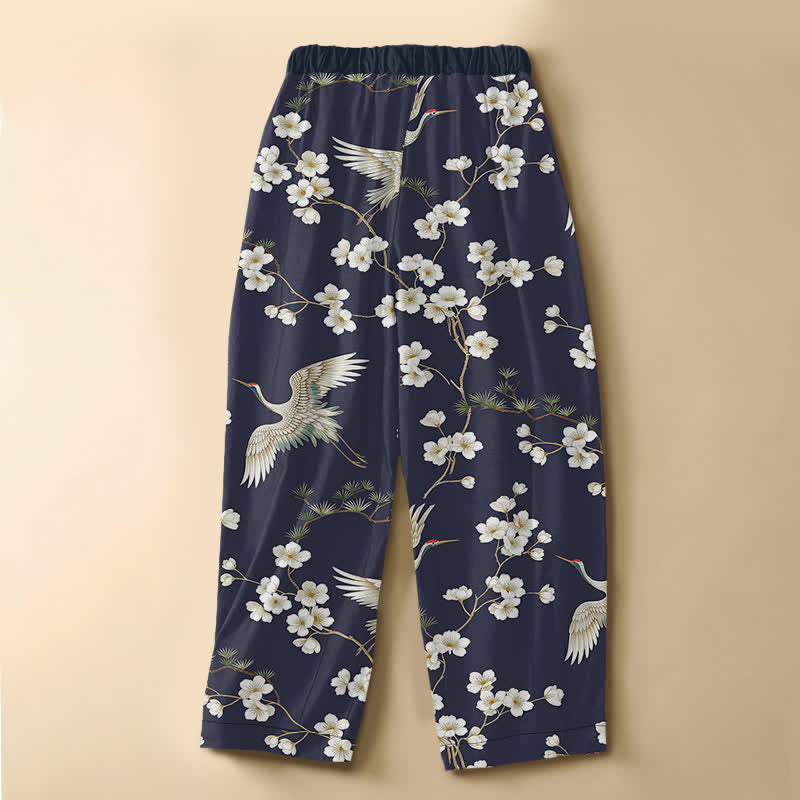 Buddha Stones Pure Cotton Vintage Crane Blossom Pattern Frog Button Women's Elastic Waist Harem Pants With Pockets - image 8