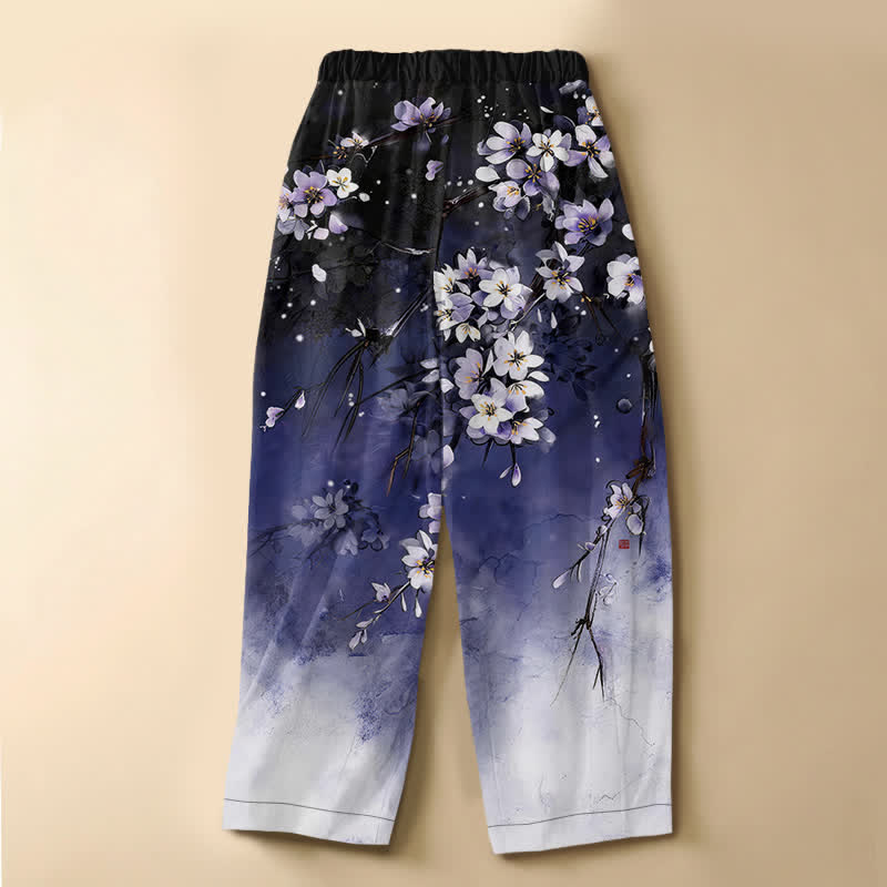 Buddha Stones Pure Cotton Ombre Sakura Blossom Pattern Frog Button Women's Elastic Waist Harem Pants With Pockets - image 1