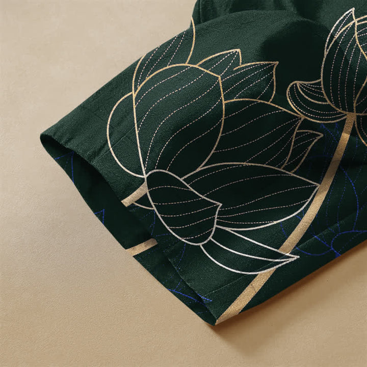 Buddha Stones Pure Cotton Elegant Lotus Outline Pattern Frog Button Women's Elastic Waist Harem Pants With Pockets - image 3