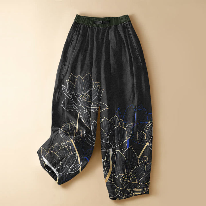 Buddha Stones Pure Cotton Elegant Lotus Outline Pattern Frog Button Women's Elastic Waist Harem Pants With Pockets - Black - US16，UK/AU20，EU48 (3XL) - image 5