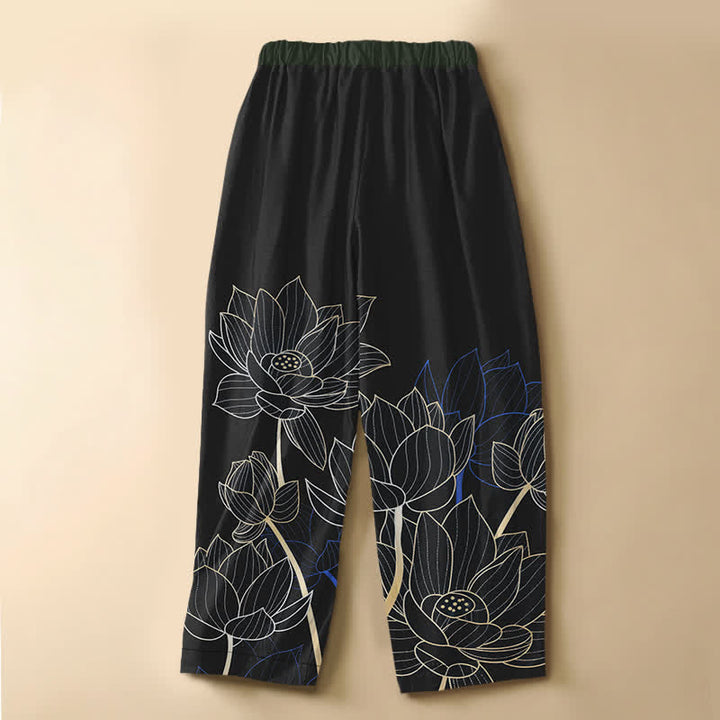 Buddha Stones Pure Cotton Elegant Lotus Outline Pattern Frog Button Women's Elastic Waist Harem Pants With Pockets - image 6