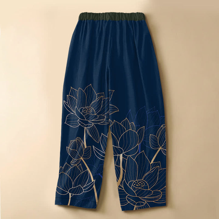 Buddha Stones Pure Cotton Elegant Lotus Outline Pattern Frog Button Women's Elastic Waist Harem Pants With Pockets - image 8