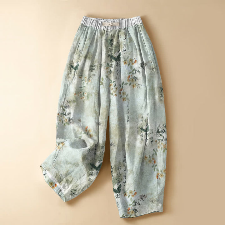 Buddha Stones Pure Cotton Calligraphy Floral Bird Pattern Frog Button Women's Elastic Waist Harem Pants With Pockets - MintCream - US16，UK/AU20，EU48 (3XL) - image 0