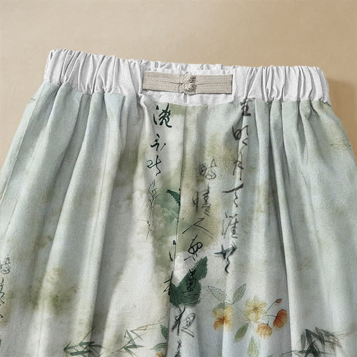 Buddha Stones Pure Cotton Calligraphy Floral Bird Pattern Frog Button Women's Elastic Waist Harem Pants With Pockets - image 2