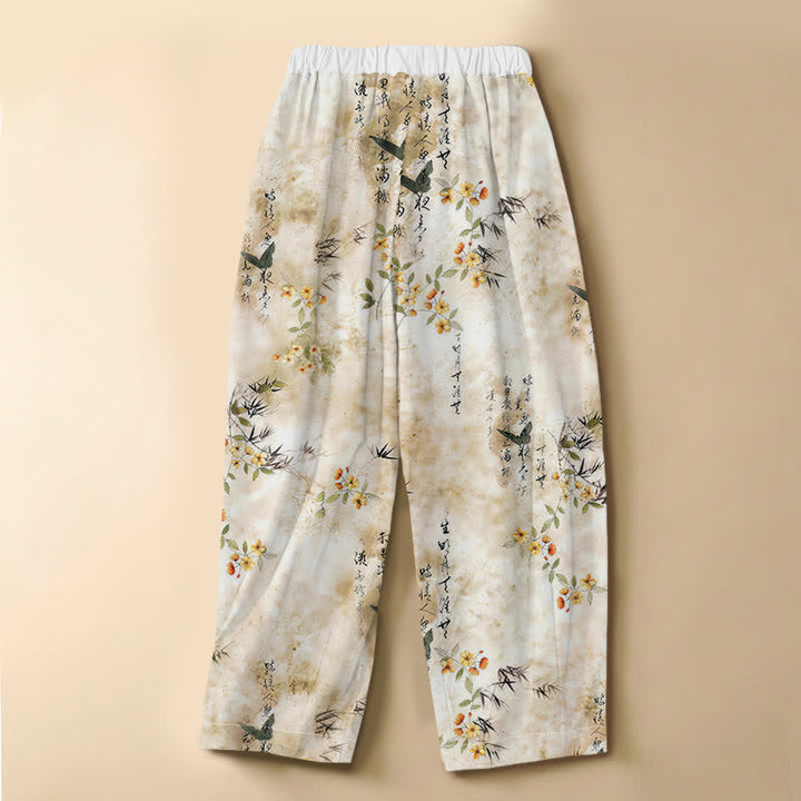 Buddha Stones Pure Cotton Calligraphy Floral Bird Pattern Frog Button Women's Elastic Waist Harem Pants With Pockets - image 6