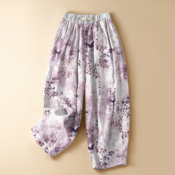 Buddha Stones Pure Cotton Calligraphy Floral Bird Pattern Frog Button Women's Elastic Waist Harem Pants With Pockets - Lavender - US16，UK/AU20，EU48 (3XL) - image 7