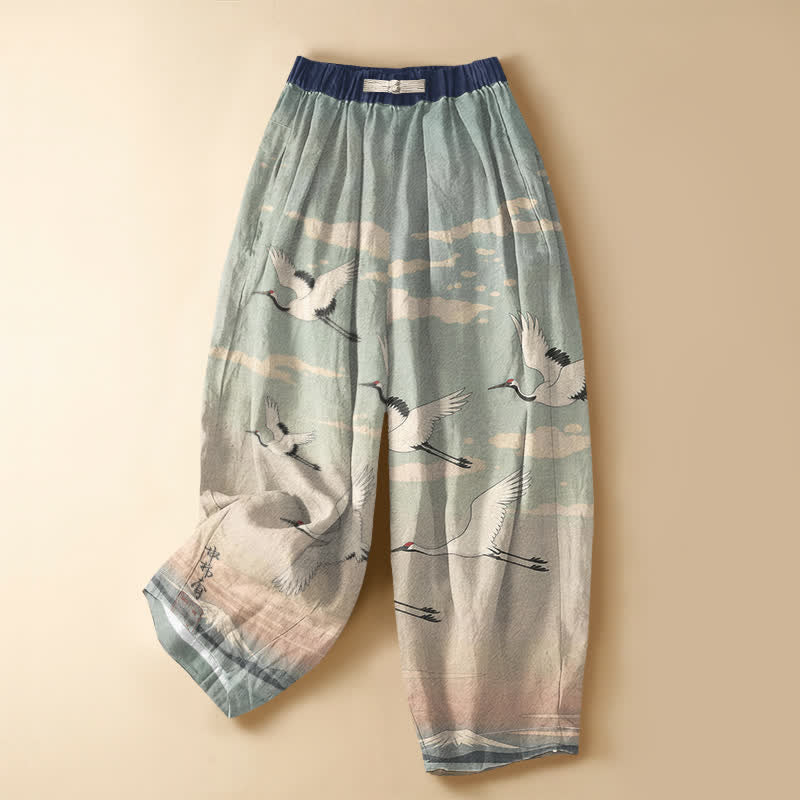 Buddha Stones Pure Cotton Ink Crane Landscape Pattern Frog Button Women's Elastic Waist Harem Pants With Pockets - PowderBlue - US16，UK/AU20，EU48 (3XL) - image 0