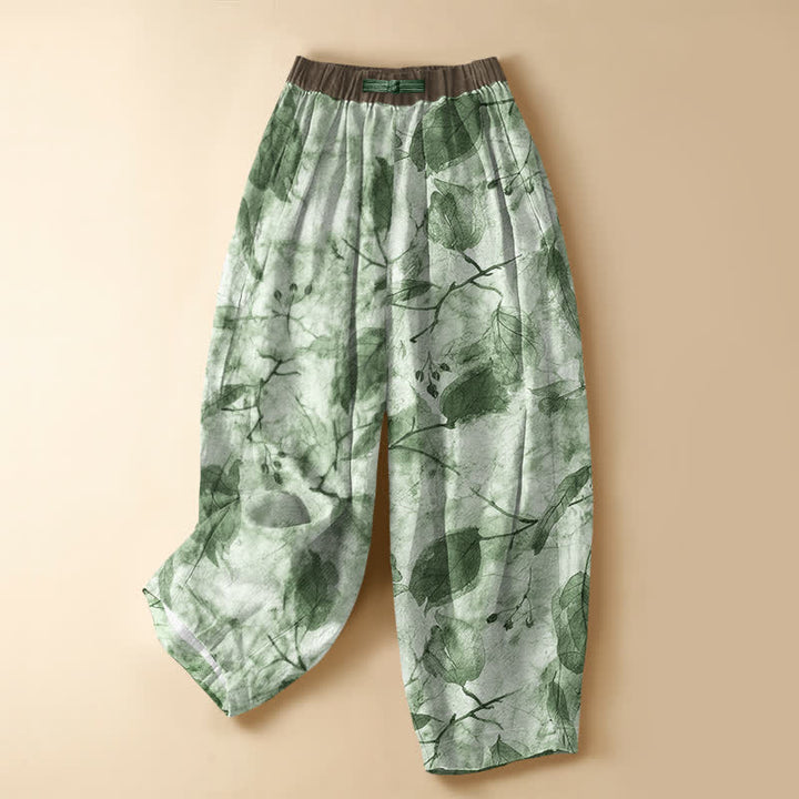 Buddha Stones Pure Cotton Autumn Leaf Botanical Pattern Frog Button Women's Elastic Waist Harem Pants With Pockets - Honeydew - US16，UK/AU20，EU48 (3XL) - image 5