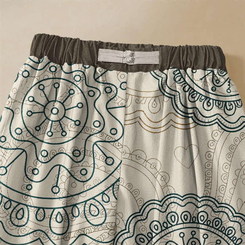 Buddha Stones Pure Cotton Boho Mandala Pattern Frog Button Women's Elastic Waist Harem Pants With Pockets - image 3