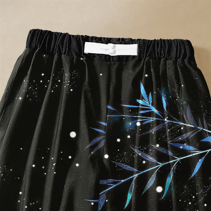 Buddha Stones Pure Cotton Starry Moon Bamboo Pattern Frog Button Women's Elastic Waist Harem Pants With Pockets - image 2