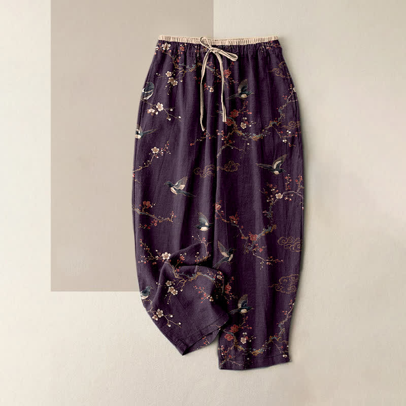 Buddha Stones Pure Cotton Elegant Bird Blossom Pattern Women's Elastic Waist Pants With Pockets - Purple - US16，UK/AU20，EU48 (3XL) - image 0
