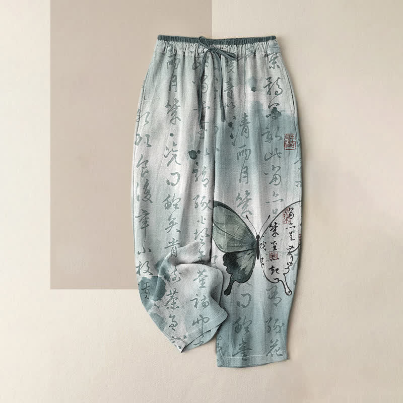 Buddha Stones Pure Cotton Artistic Script Butterfly Pattern Women's Elastic Waist Pants With Pockets - PaleTurquoise - US16，UK/AU20，EU48 (3XL) - image 3