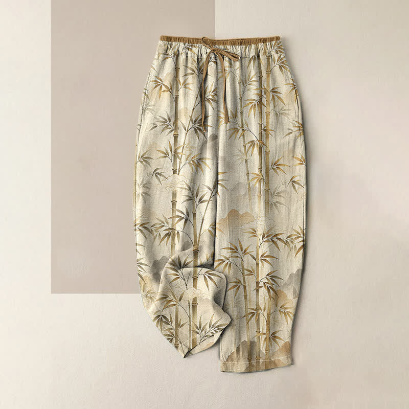 Buddha Stones Pure Cotton Zen Bamboo Leaf Pattern Women's Elastic Waist Pants With Pockets - PaleGoldenrod - US16，UK/AU20，EU48 (3XL) - image 4