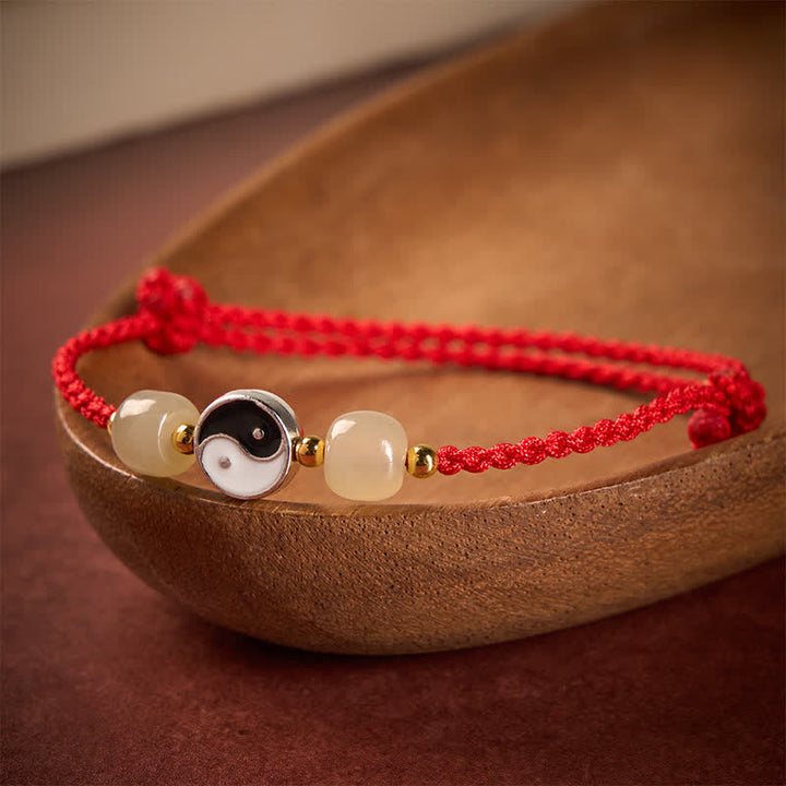 Buddha Stones Alloy Yin Yang Hetian Jade Bead Red String Balance Bracelet - image 1