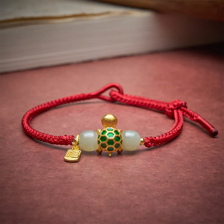 Buddha Stones Copper Turtle Fu Character Hetian Jade Red String Luck Bracelet - image 3
