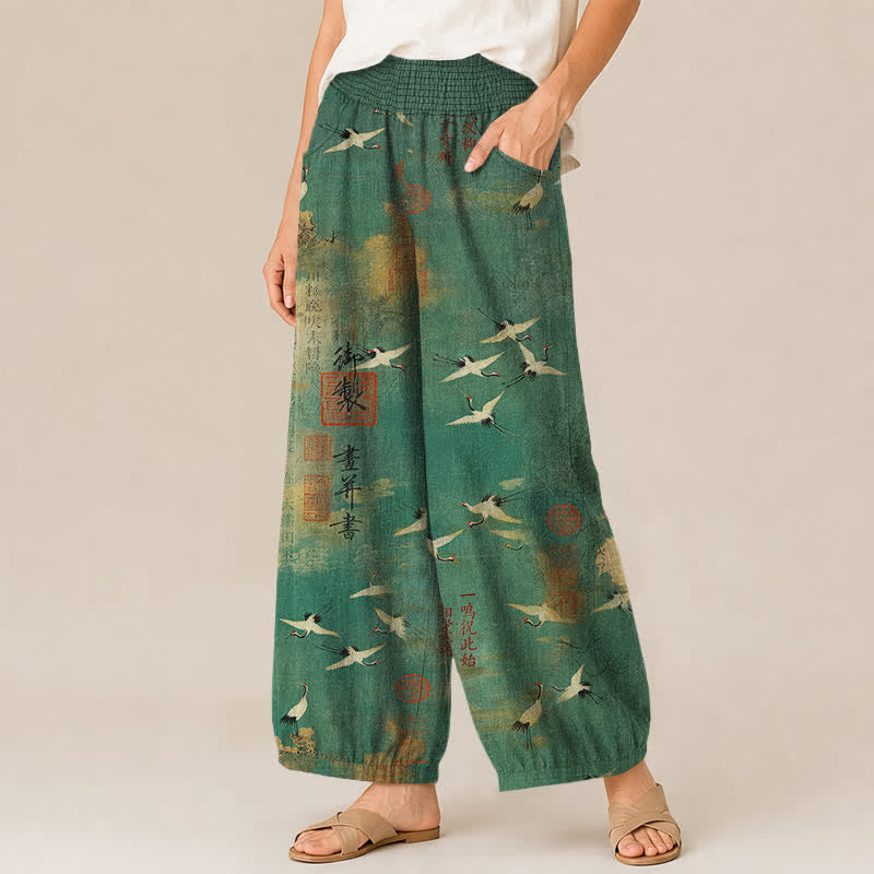 Buddha Stones Cotton Oriental Crane Calligraphy Pattern Pleated Elastic Waist Women's Harem Pants With Pockets - image 1