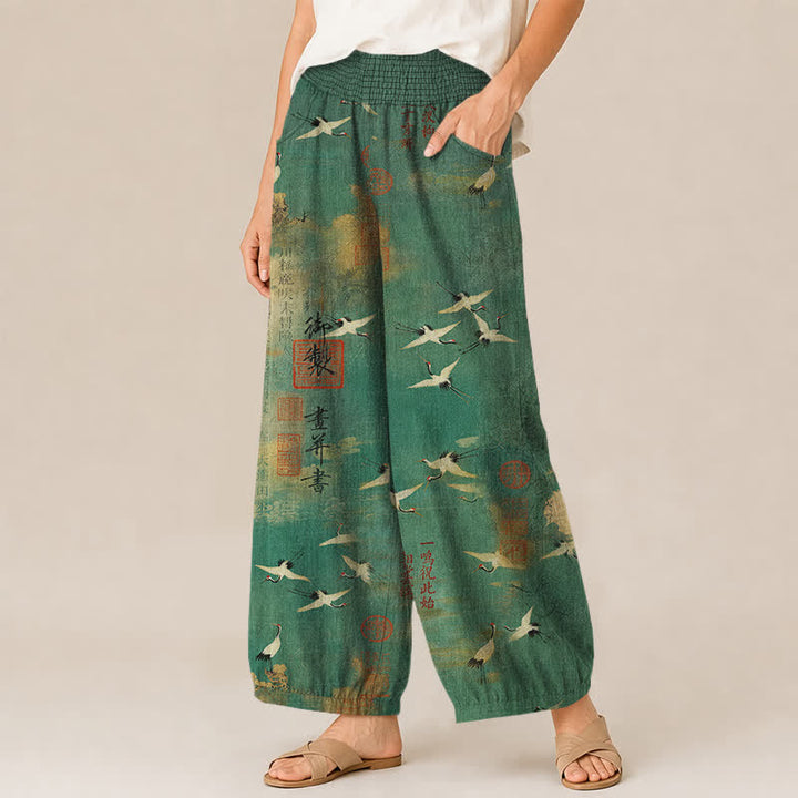 Buddha Stones Cotton Oriental Crane Calligraphy Pattern Pleated Elastic Waist Women's Harem Pants With Pockets - image 1
