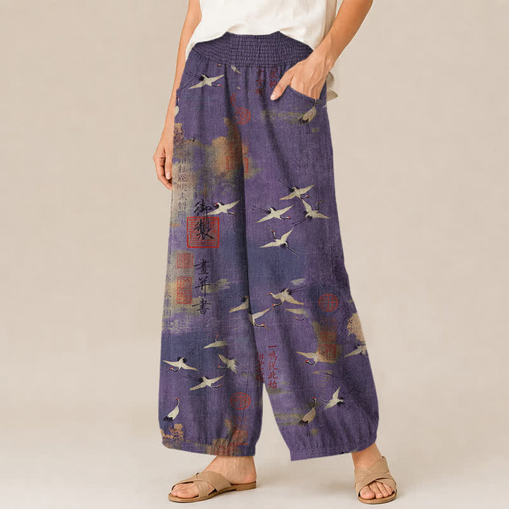 Buddha Stones Cotton Oriental Crane Calligraphy Pattern Pleated Elastic Waist Women's Harem Pants With Pockets - image 11