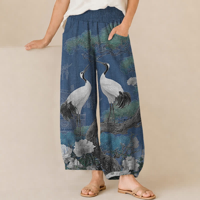 Buddha Stones Cotton Oriental Crane White Blossom Pattern Pleated Elastic Waist Women's Harem Pants With Pockets - SteelBlue - US16，UK/AU20，EU48 (3XL) - image 0