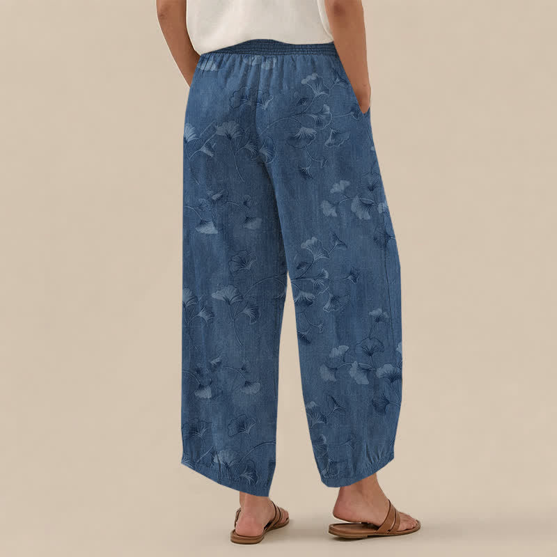 Buddha Stones Cotton Ginkgo Leaves Pattern Pleated Elastic Waist Women's Harem Pants With Pockets - image 2