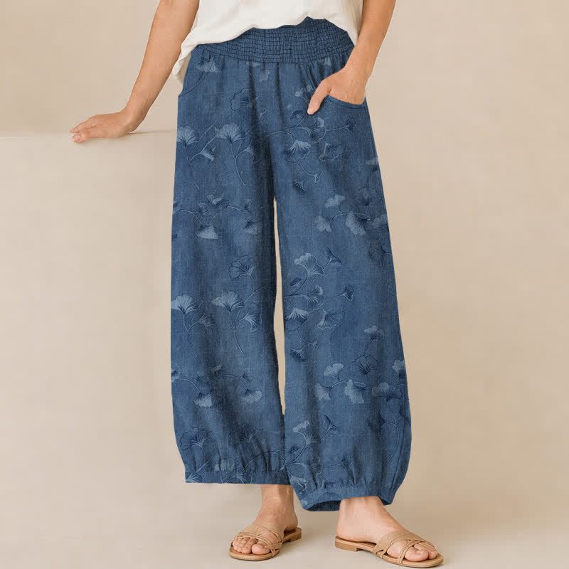 Buddha Stones Cotton Ginkgo Leaves Pattern Pleated Elastic Waist Women's Harem Pants With Pockets - SteelBlue - US16，UK/AU20，EU48 (3XL) - image 0
