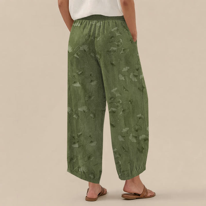 Buddha Stones Cotton Ginkgo Leaves Pattern Pleated Elastic Waist Women's Harem Pants With Pockets - image 8