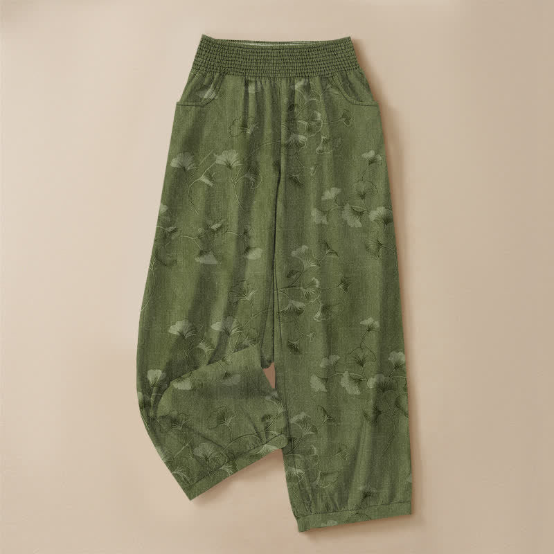Buddha Stones Cotton Ginkgo Leaves Pattern Pleated Elastic Waist Women's Harem Pants With Pockets - image 9