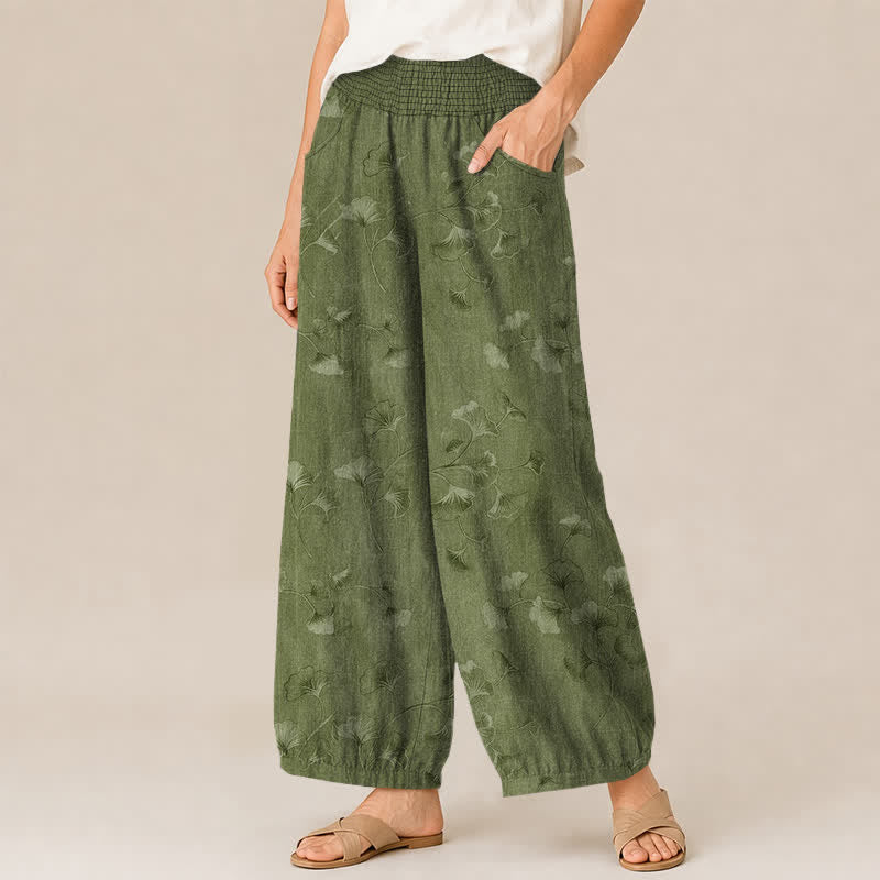 Buddha Stones Cotton Ginkgo Leaves Pattern Pleated Elastic Waist Women's Harem Pants With Pockets - image 7
