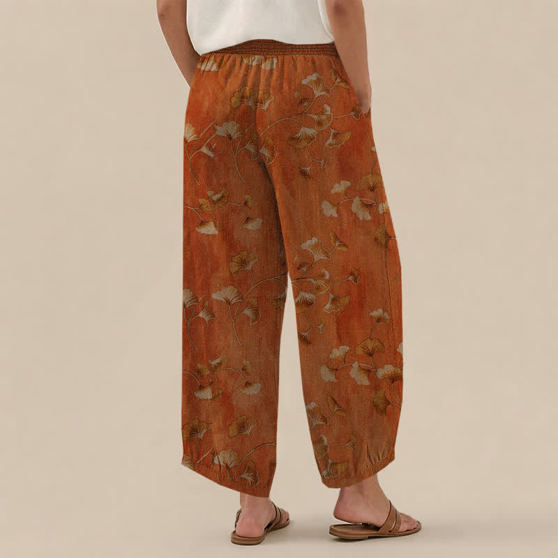 Buddha Stones Cotton Ginkgo Leaves Pattern Pleated Elastic Waist Women's Harem Pants With Pockets - image 12