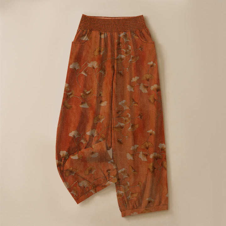 Buddha Stones Cotton Ginkgo Leaves Pattern Pleated Elastic Waist Women's Harem Pants With Pockets - image 13