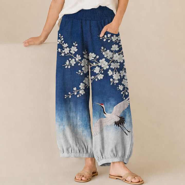 Buddha Stones Cotton Oriental Crane Plum Blossom Pattern Pleated Elastic Waist Women's Harem Pants With Pockets - Blue - US16，UK/AU20，EU48 (3XL) - image 0