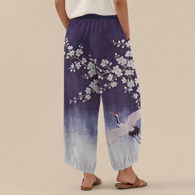 Buddha Stones Cotton Oriental Crane Plum Blossom Pattern Pleated Elastic Waist Women's Harem Pants With Pockets - image 8