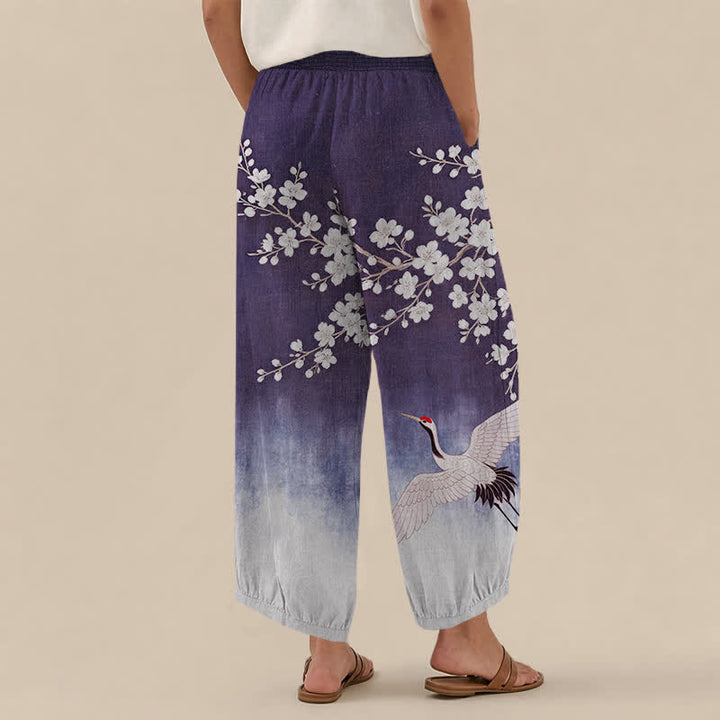 Buddha Stones Cotton Oriental Crane Plum Blossom Pattern Pleated Elastic Waist Women's Harem Pants With Pockets - image 8