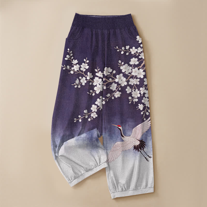Buddha Stones Cotton Oriental Crane Plum Blossom Pattern Pleated Elastic Waist Women's Harem Pants With Pockets - image 9