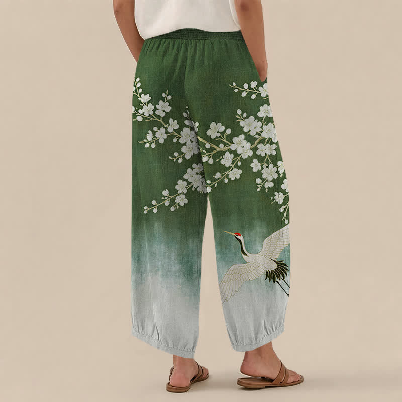 Buddha Stones Cotton Oriental Crane Plum Blossom Pattern Pleated Elastic Waist Women's Harem Pants With Pockets - image 12