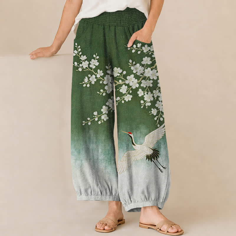 Buddha Stones Cotton Oriental Crane Plum Blossom Pattern Pleated Elastic Waist Women's Harem Pants With Pockets - ForestGreen - US16，UK/AU20，EU48 (3XL) - image 10