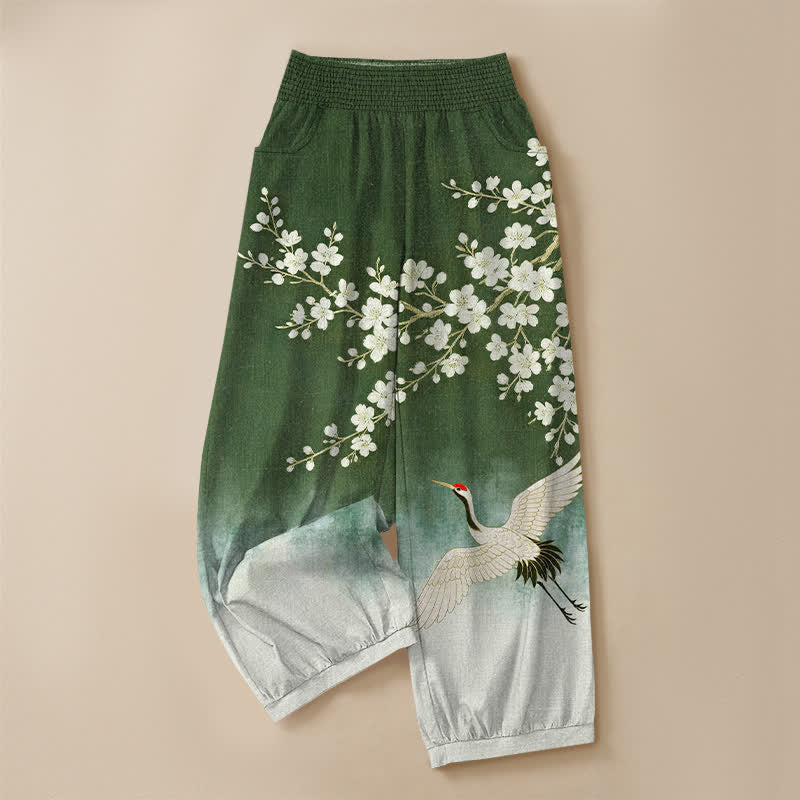 Buddha Stones Cotton Oriental Crane Plum Blossom Pattern Pleated Elastic Waist Women's Harem Pants With Pockets - image 13