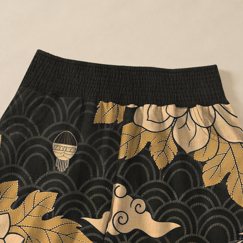 Buddha Stones Cotton Oriental Dragon Lotus Cloud Pattern Pleated Elastic Waist Women's Harem Pants With Pockets - image 4