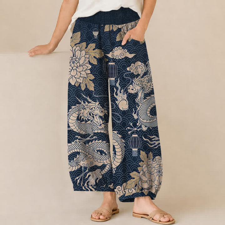 Buddha Stones Cotton Oriental Dragon Lotus Cloud Pattern Pleated Elastic Waist Women's Harem Pants With Pockets - Navy - US16，UK/AU20，EU48 (3XL) - image 6