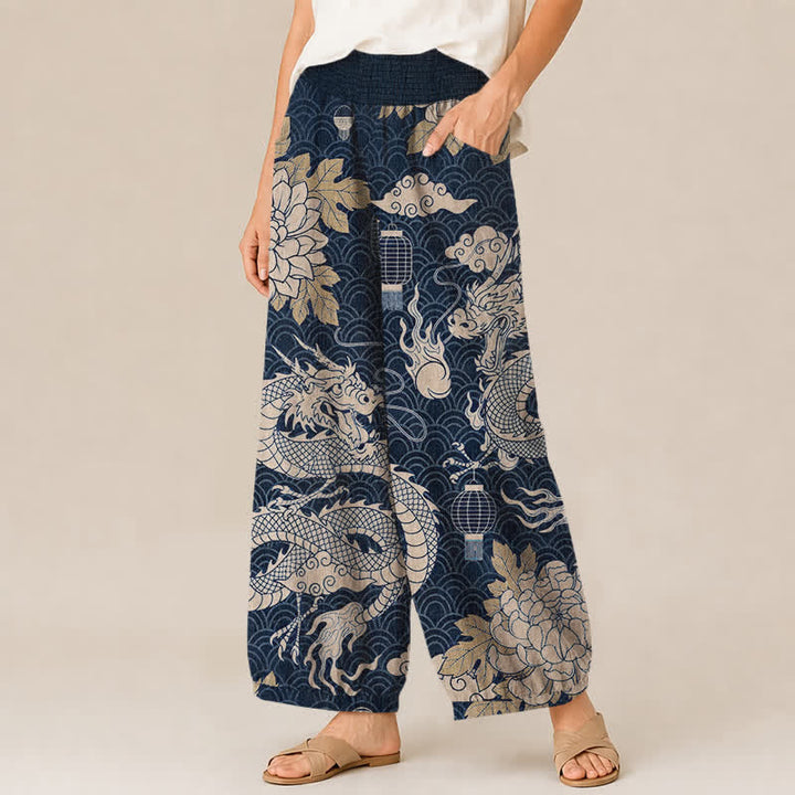 Buddha Stones Cotton Oriental Dragon Lotus Cloud Pattern Pleated Elastic Waist Women's Harem Pants With Pockets - image 7