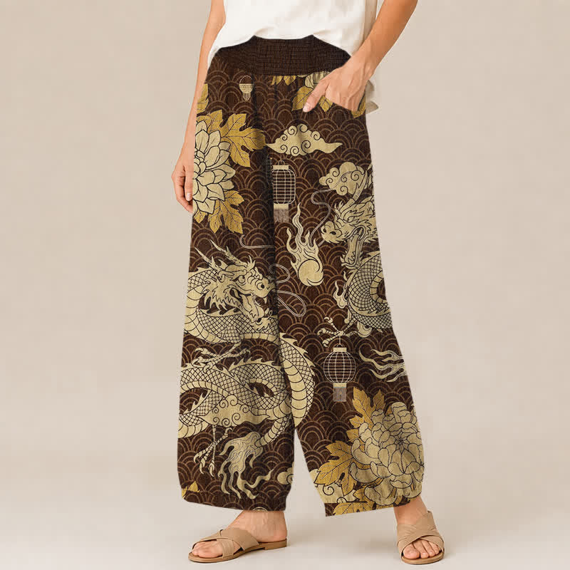 Buddha Stones Cotton Oriental Dragon Lotus Cloud Pattern Pleated Elastic Waist Women's Harem Pants With Pockets - image 11