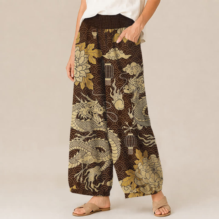 Buddha Stones Cotton Oriental Dragon Lotus Cloud Pattern Pleated Elastic Waist Women's Harem Pants With Pockets - image 11