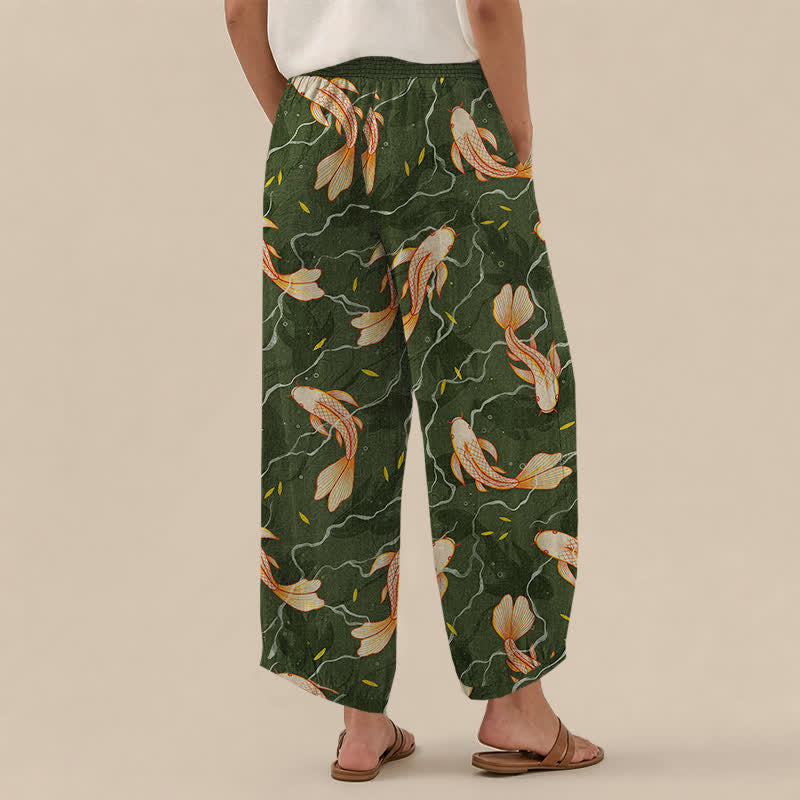 Buddha Stones Cotton Koi Fish Wave Pattern Pleated Elastic Waist Women's Harem Pants With Pockets - image 8