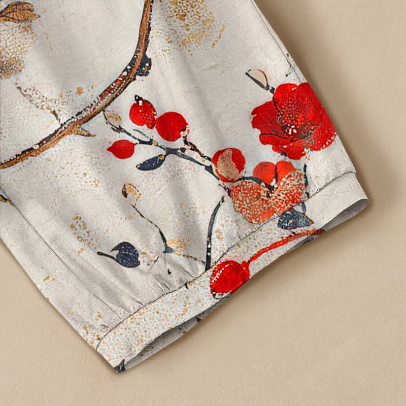 Buddha Stones Cotton Blossom Bird Branch Pattern Pleated Elastic Waist Women's Harem Pants With Pockets - image 5